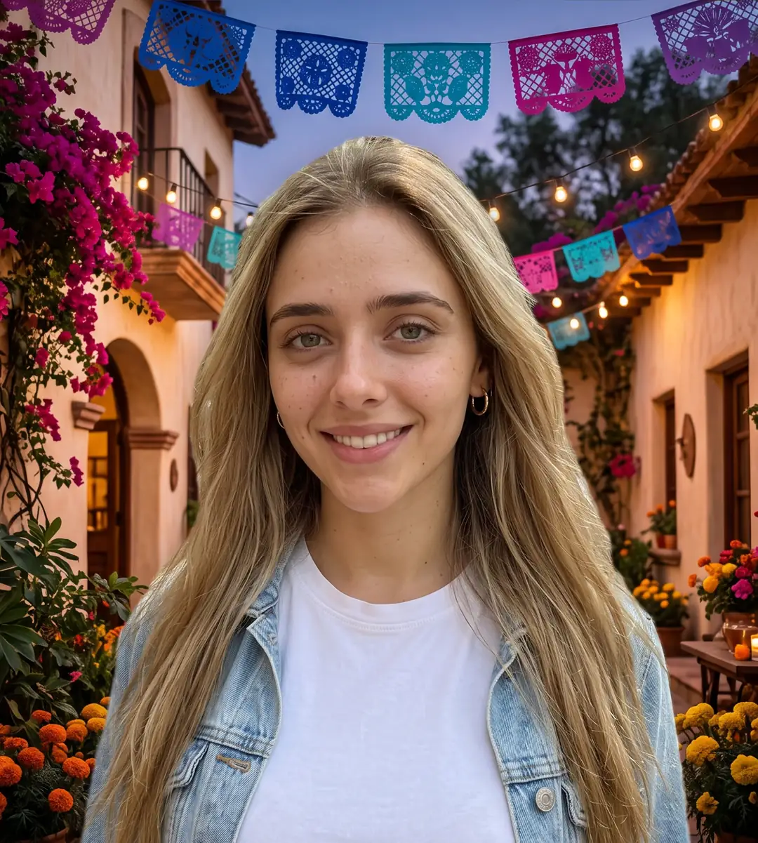 La misma persona, intacta, en un patio mexicano al atardecer con papel picado, bugambilias y cempasúchil